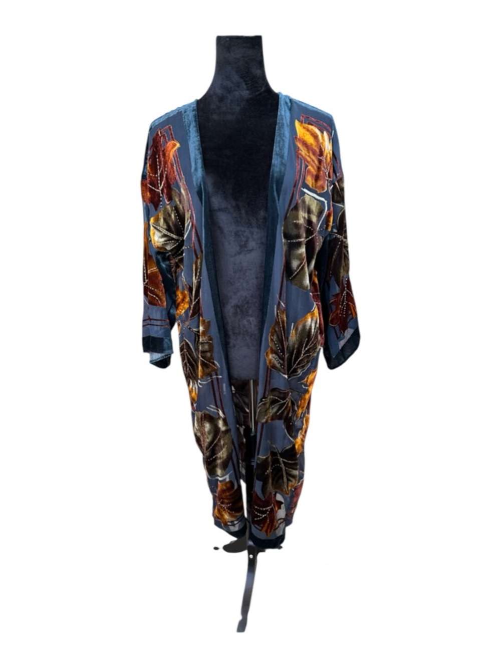 Soft Surroundings Velvet Burnout Kimono Robe Duster Jacket Leaf Print Boho Blue
